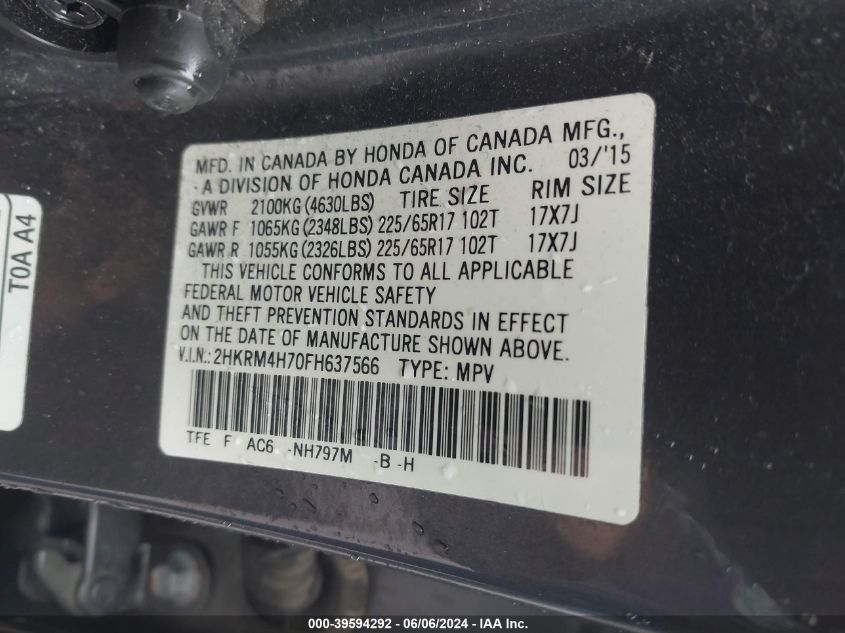 2015 Honda Cr-V Ex-L VIN: 2HKRM4H70FH637566 Lot: 39594292