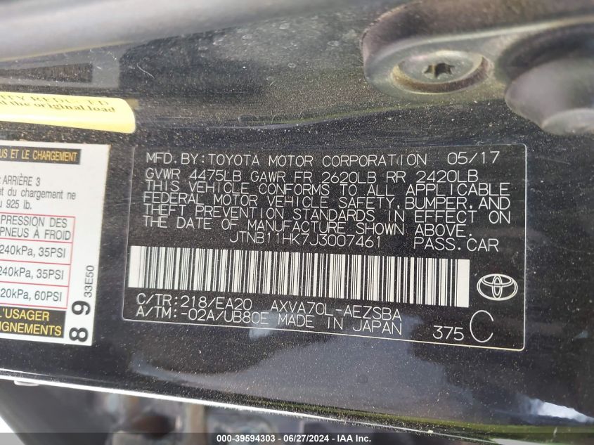 2018 TOYOTA CAMRY VIN: JTNB11HK7J3007461