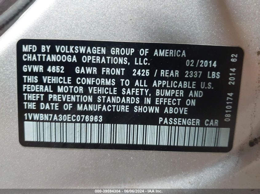 2014 Volkswagen Passat 2.0L Tdi Se VIN: 1VWBN7A30EC076963 Lot: 39594304