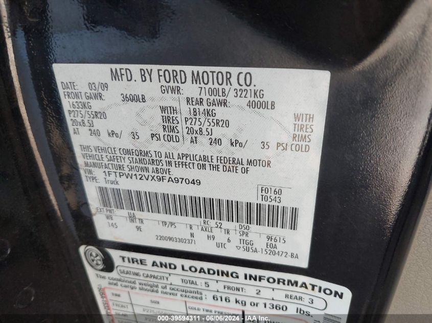 2009 Ford F-150 Platinum VIN: 1FTPW12VX9FA97049 Lot: 39594311