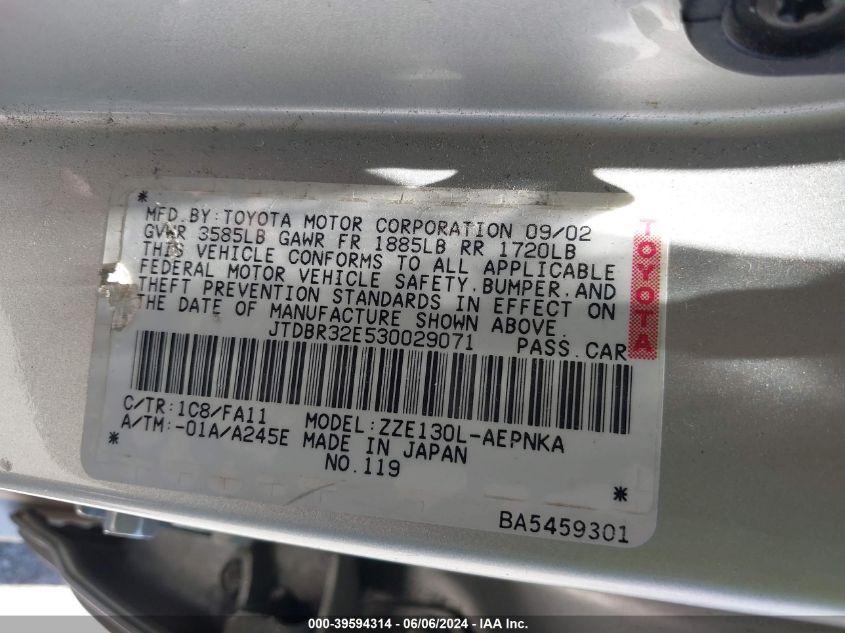 2003 Toyota Corolla Le VIN: JTDBR32E530029071 Lot: 39594314