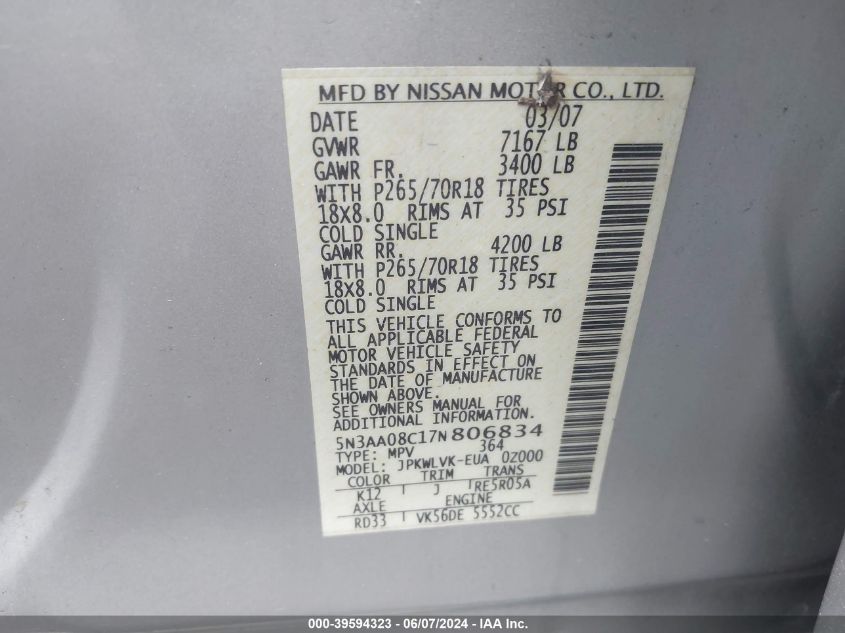 2007 Infiniti Qx56 VIN: 5N3AA08C17N806834 Lot: 39594323
