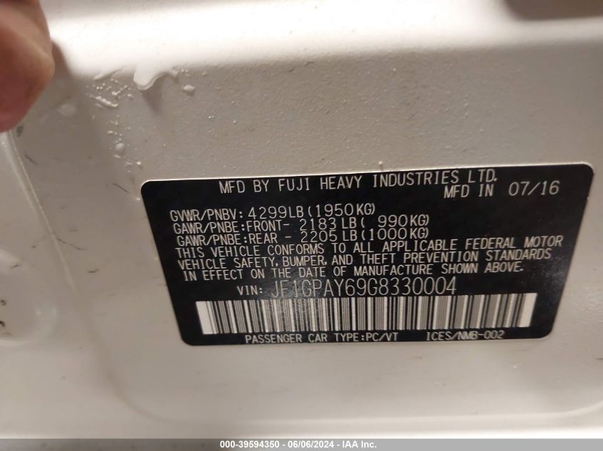 2016 Subaru Impreza 2.0I Sport Limited VIN: JF1GPAY69G8330004 Lot: 39594350