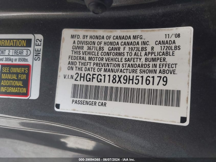 2009 Honda Civic Ex VIN: 2HGFG118X9H516179 Lot: 39594365