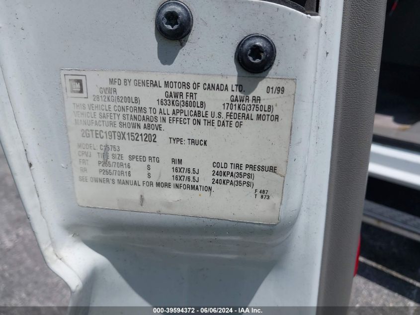 1999 GMC Sierra 1500 Sl VIN: 2GTEC19T9X1521202 Lot: 39594372