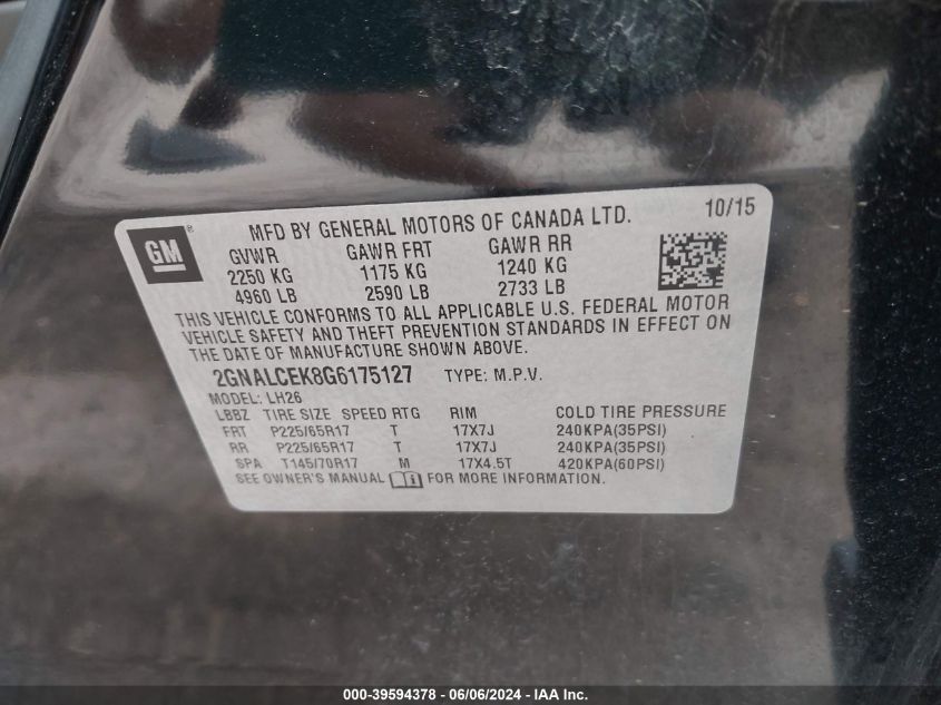 2016 Chevrolet Equinox Lt VIN: 2GNALCEK8G6175127 Lot: 39594378