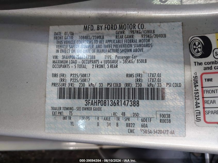 2006 Ford Fusion Sel VIN: 3FAHP08136R147388 Lot: 39594384