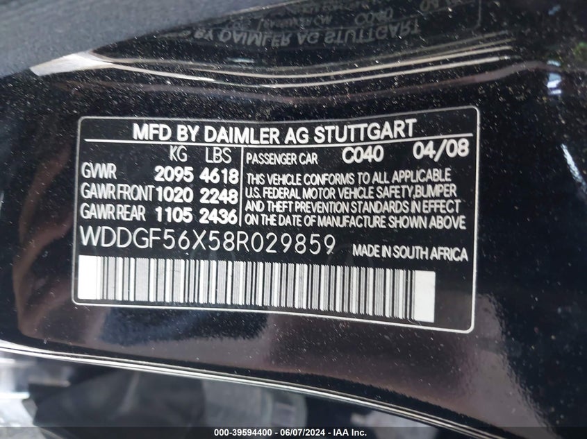 2008 Mercedes-Benz C 350 Sport VIN: WDDGF56X58R029859 Lot: 39594400