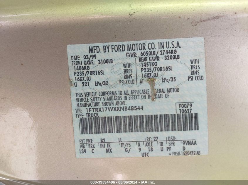 1999 Ford F-150 Lariat/Work Series/Xl/Xlt VIN: 1FTRX17WXXNB48544 Lot: 39594406
