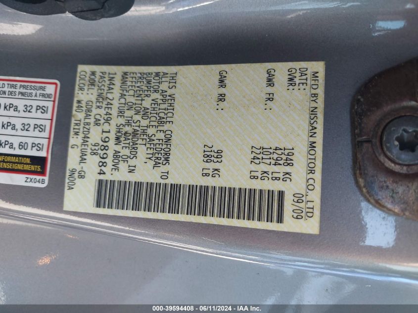 2009 Nissan Altima 2.5 S VIN: 1N4AL24E49C198984 Lot: 39594408