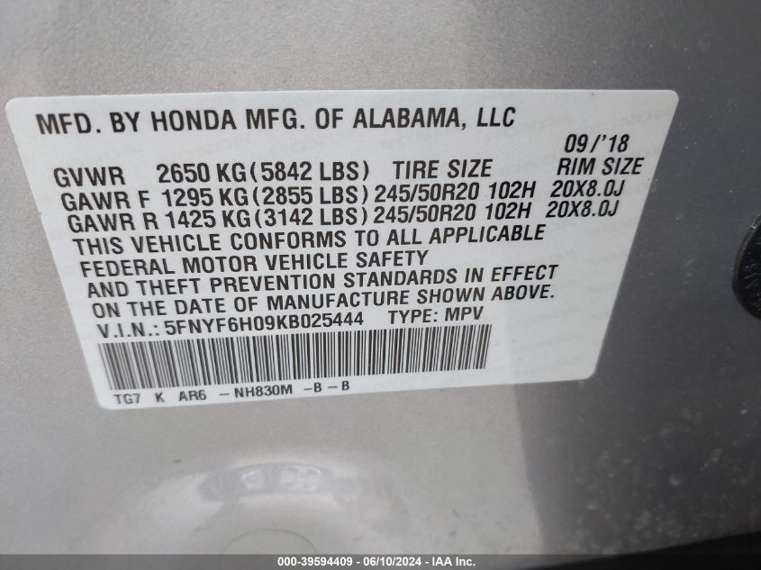 2019 Honda Pilot Elite VIN: 5FNYF6H09KB025444 Lot: 39594409