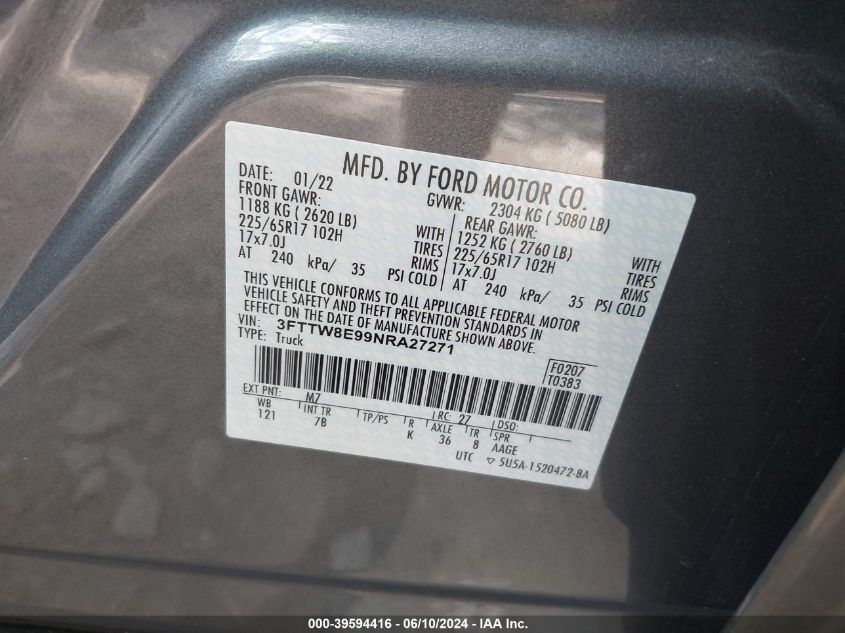 2022 Ford Maverick Xlt VIN: 3FTTW8E99NRA27271 Lot: 39594416