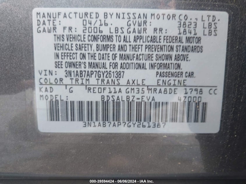 2016 Nissan Sentra Fe+ S/S/Sl/Sr/Sv VIN: 3N1AB7AP7GY261387 Lot: 39594424