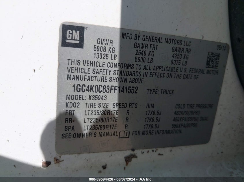 2015 Chevrolet Silverado 3500Hd Ltz VIN: 1GC4K0C83FF141552 Lot: 39594426