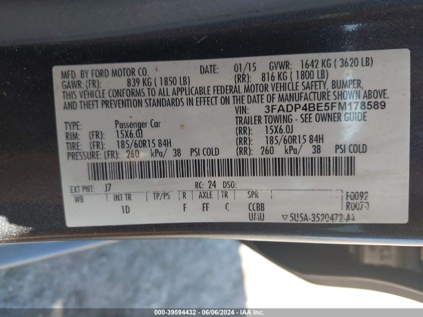 2015 Ford Fiesta Se VIN: 3FADP4BE5FM178589 Lot: 39594432