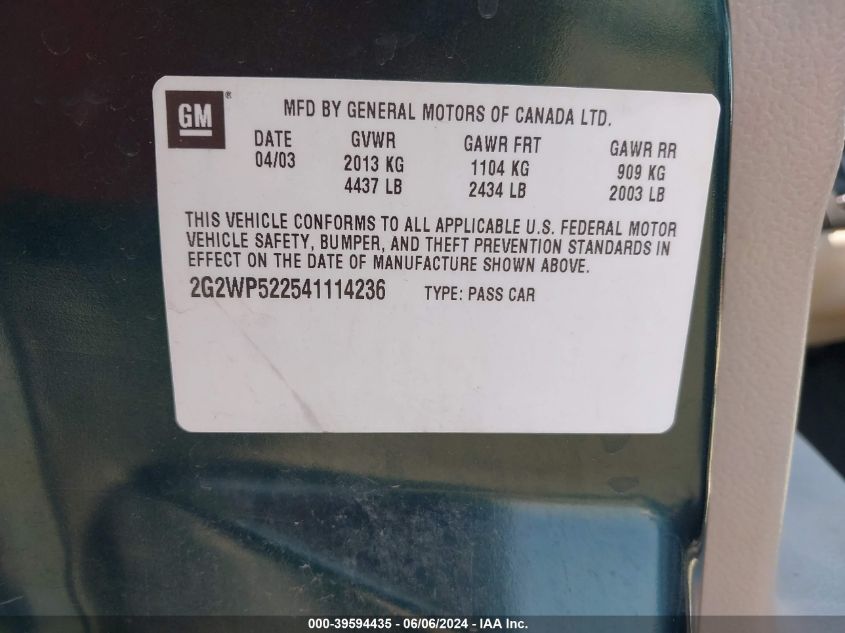 2004 Pontiac Grand Prix Gt1 VIN: 2G2WP522541114236 Lot: 39594435