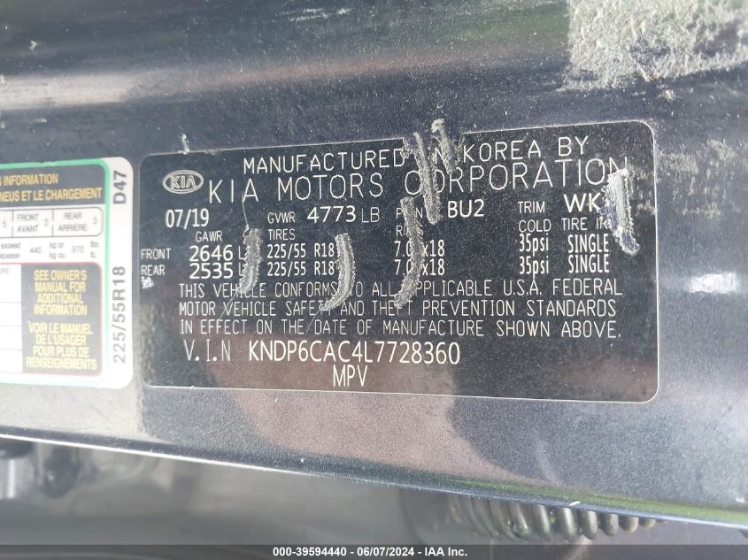 2020 Kia Sportage S VIN: KNDP6CAC4L7728360 Lot: 39594440