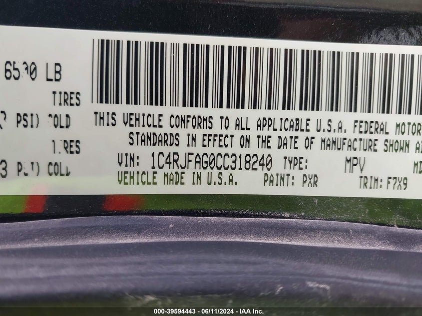 2012 Jeep Grand Cherokee Laredo VIN: 1C4RJFAGOCC318240 Lot: 39594443