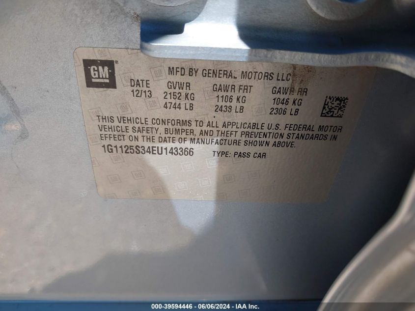 2014 Chevrolet Impala Lt VIN: 1G1125S34EU143366 Lot: 39594446