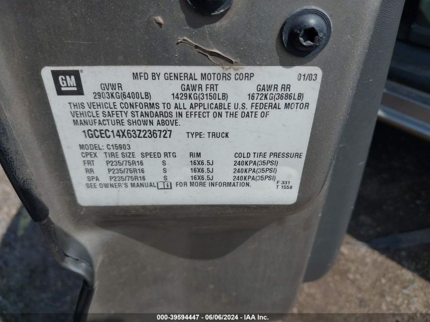 2003 Chevrolet Silverado 1500 Work Truck VIN: 1GCEC14X63Z236727 Lot: 39594447