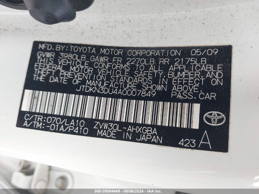 2010 Toyota Prius Iv VIN: JTDKN3DU4A0007849 Lot: 39594449