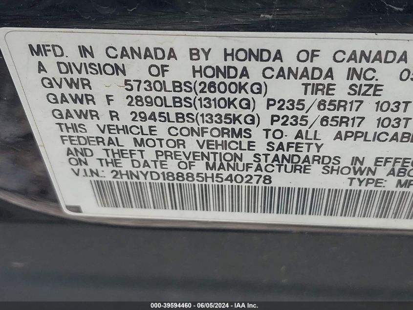 2005 Acura Mdx VIN: 2HNYD18885H540278 Lot: 39594460