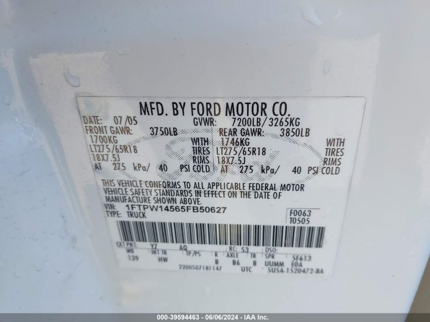 2005 Ford F-150 Fx4/Lariat/Xlt VIN: 1FTPW14565FB50627 Lot: 39594463