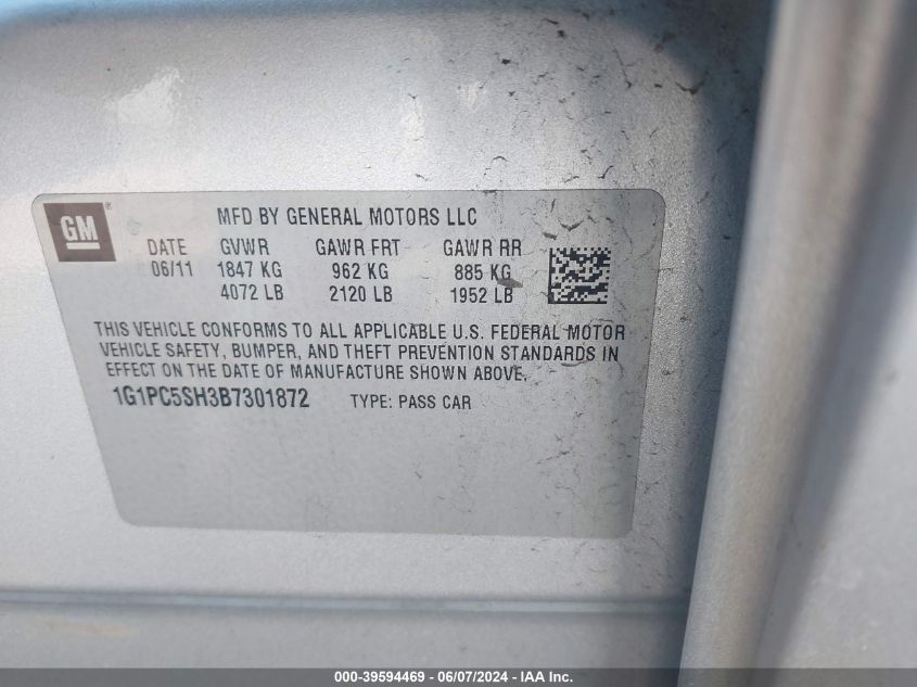 2011 Chevrolet Cruze Ls VIN: 1G1PC5SH3B7301872 Lot: 39594469