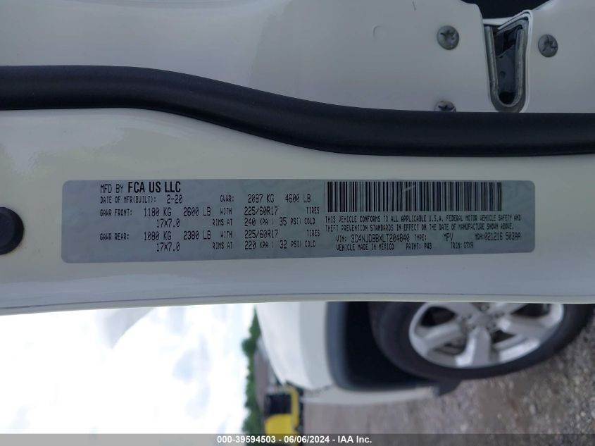 2020 Jeep Compass Latitude 4X4 VIN: 3C4NJDBBXLT204840 Lot: 39594503