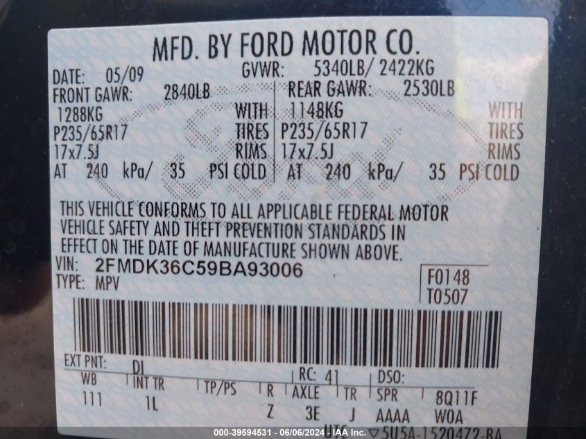 2009 Ford Edge Se VIN: 2FMDK36C59BA93006 Lot: 39594531