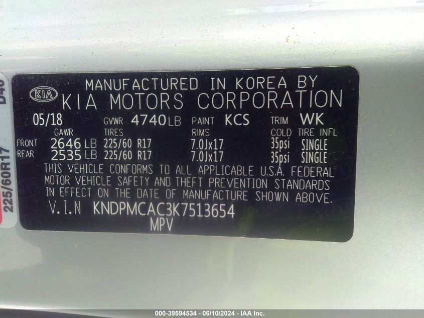 KNDPMCAC3K7513654 2019 Kia Sportage Lx