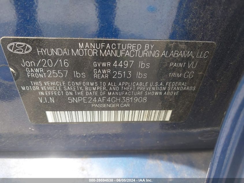 2016 Hyundai Sonata Se VIN: 5NPE24AF4GH381908 Lot: 39594538