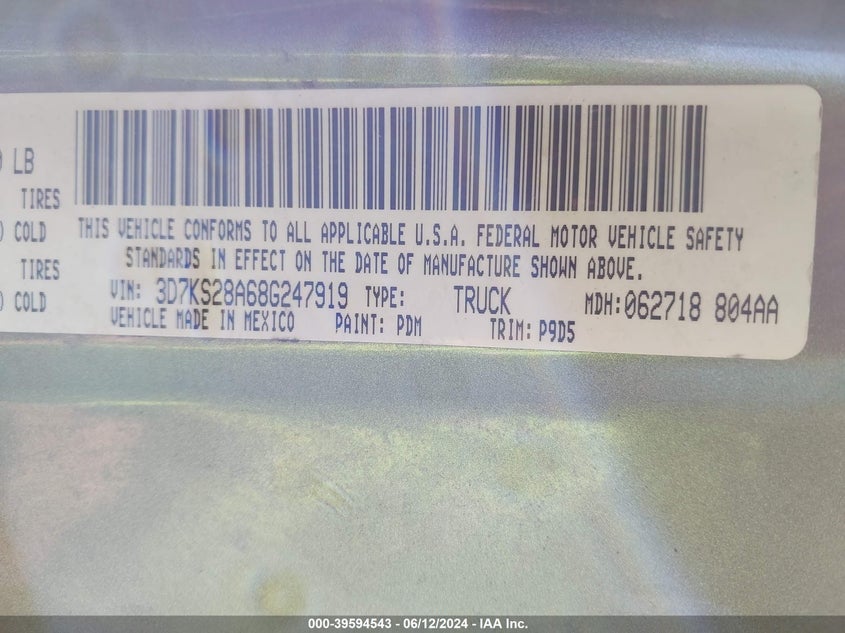 2008 Dodge Ram 2500 St/Sxt VIN: 3D7KS28A68G247919 Lot: 39594543