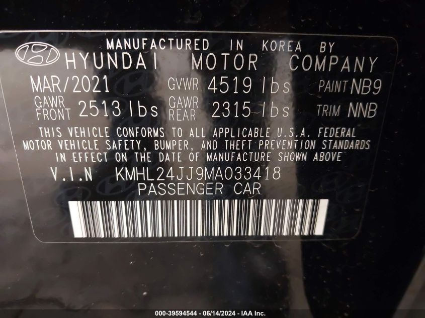 2021 Hyundai Sonata Blue VIN: KMHL24JJ9MA033418 Lot: 39594544