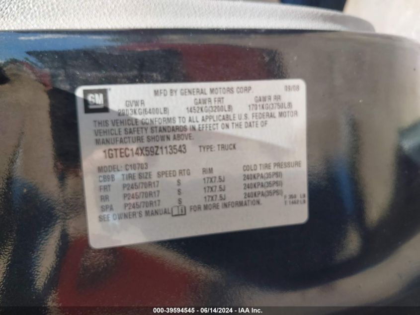 2009 GMC Sierra 1500 Work Truck VIN: 1GTEC14X59Z113543 Lot: 39594545