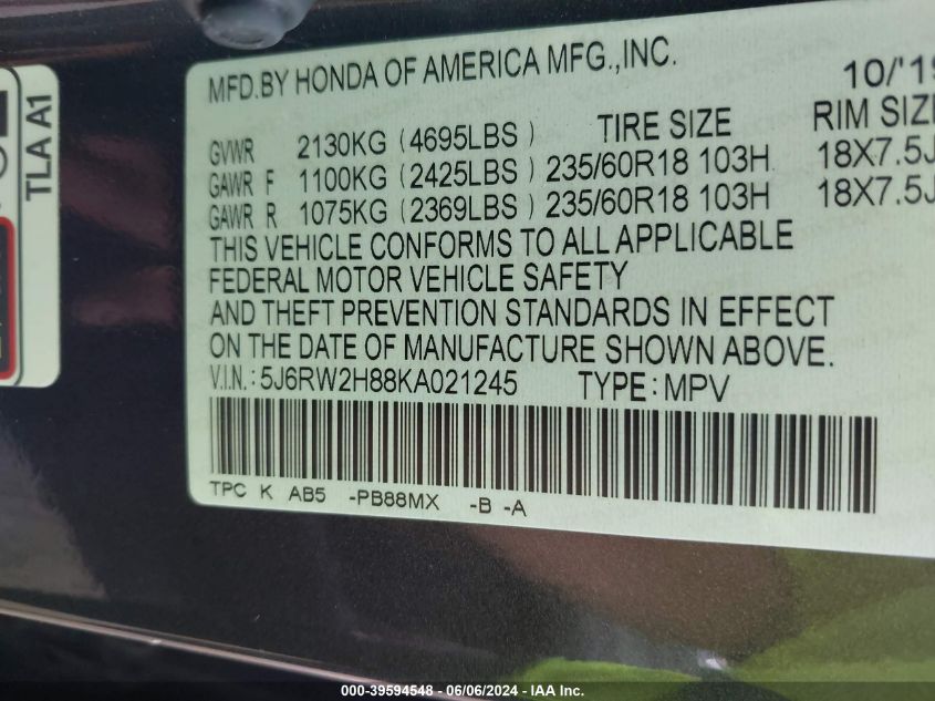 2019 Honda Cr-V Ex-L VIN: 5G6RW2H88KA021245 Lot: 39594548