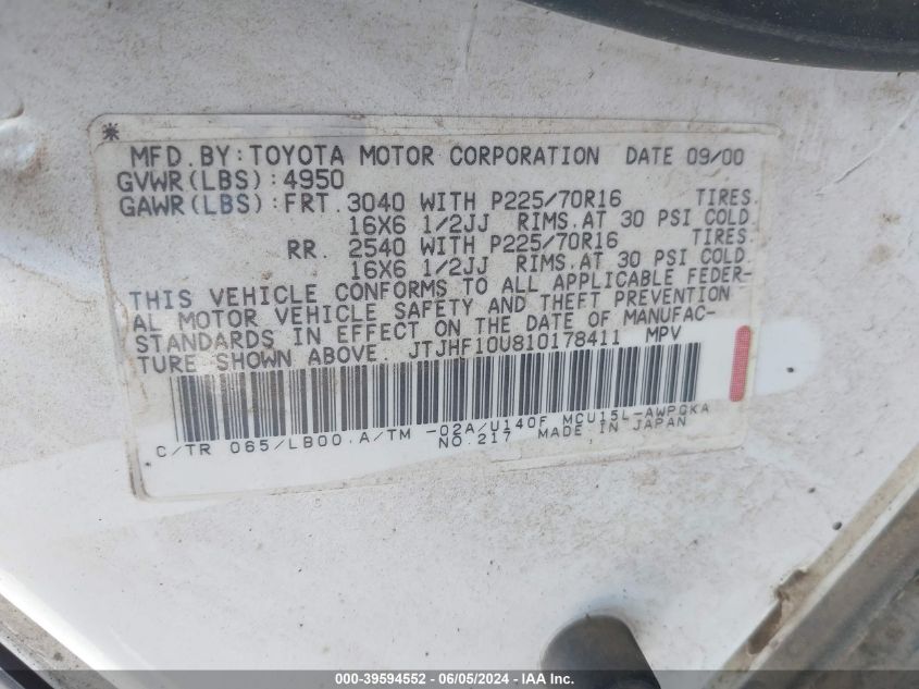 2001 Lexus Rx 300 VIN: JTJHF10U810178411 Lot: 39594552