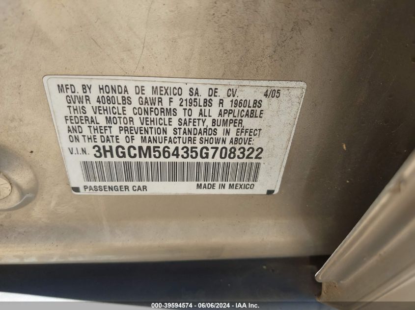 2005 Honda Accord 2.4 Lx VIN: 3HGCM56435G708322 Lot: 39594574