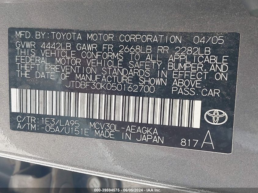 2005 Toyota Camry Xle V6 VIN: JTDBF30K050162700 Lot: 39594575