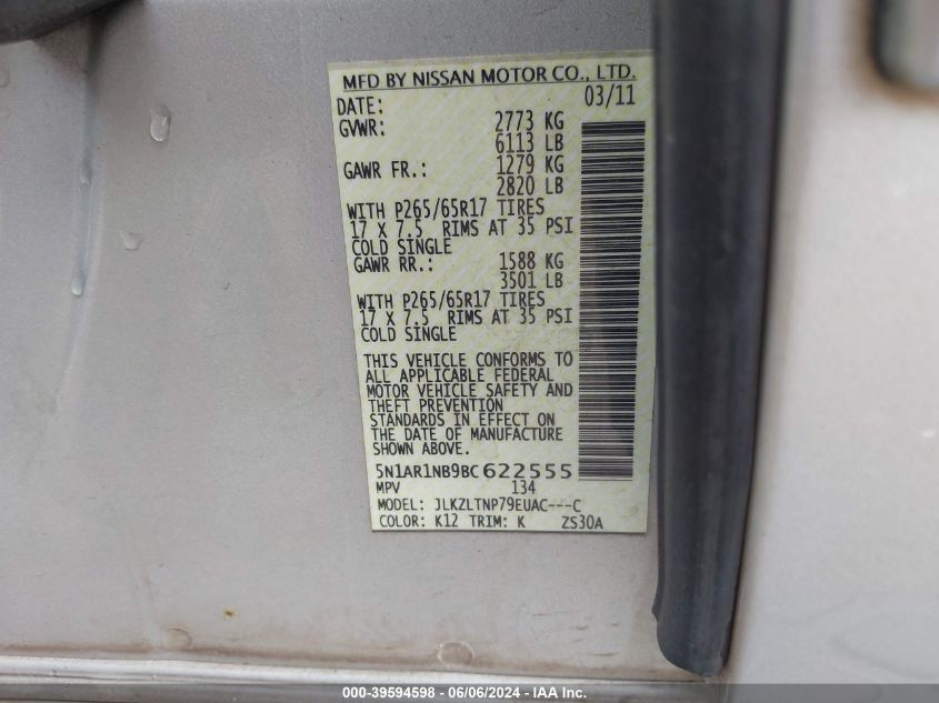 2011 Nissan Pathfinder Sv VIN: 5N1AR1NB9BC622555 Lot: 39594598