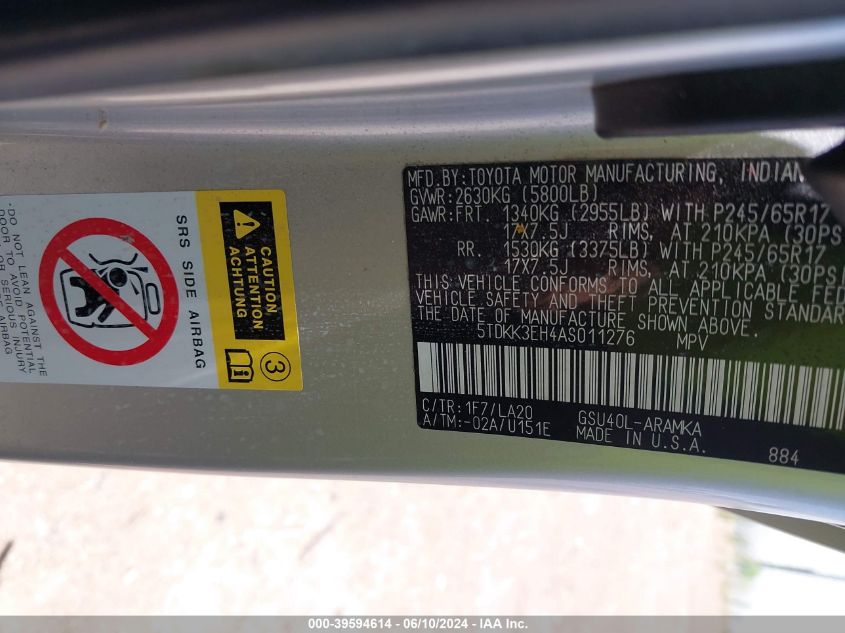 2010 Toyota Highlander Se V6 VIN: 5TDKK3EH4AS011276 Lot: 39594614