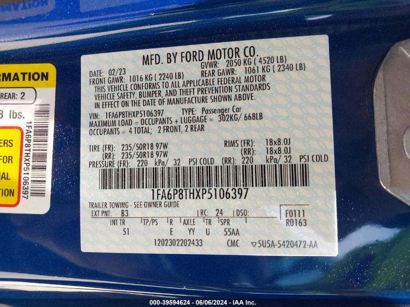 2023 Ford Mustang Ecoboost Premium Fastback VIN: 1FA6P8THXP5106397 Lot: 39594624