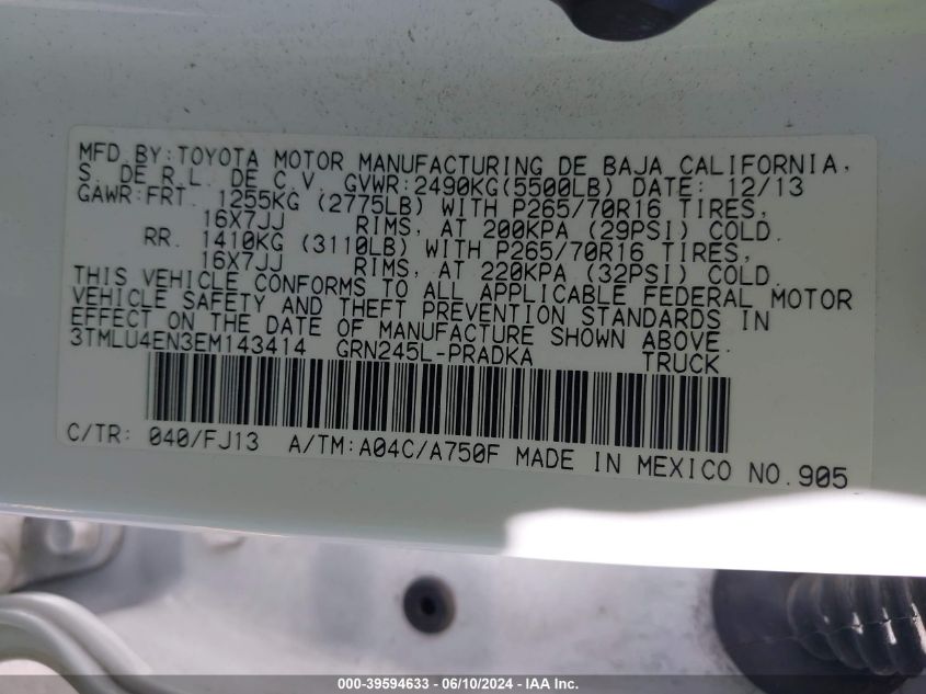 2014 Toyota Tacoma Base V6 VIN: 3TMLU4EN3EM143414 Lot: 39594633