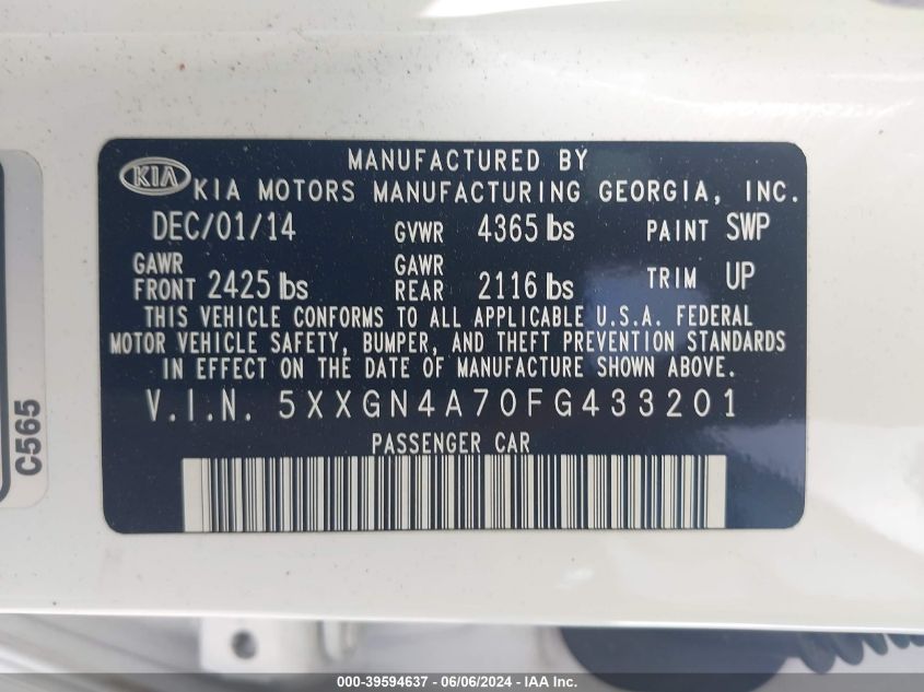 2015 Kia Optima Ex VIN: 5XXGN4A70FG433201 Lot: 39594637