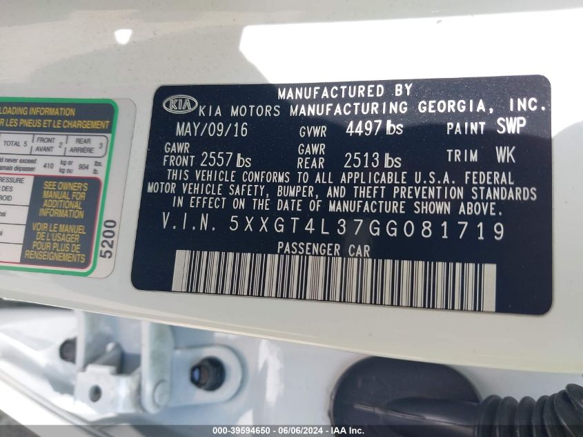 2016 Kia Optima Lx VIN: 5XXGT4L37GG081719 Lot: 39594650