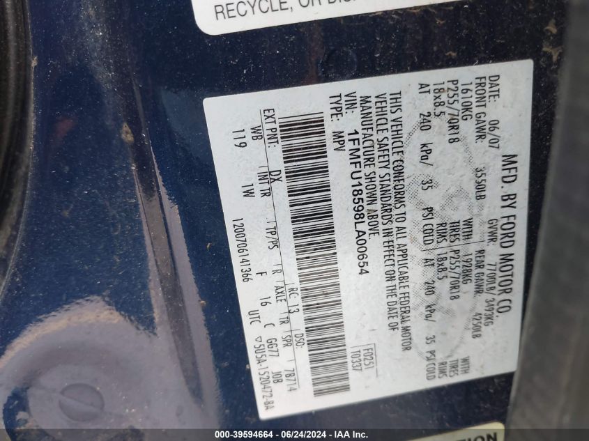 2008 Ford Expedition Eddie Bauer/King Ranch VIN: 1FMFU18598LA00654 Lot: 39594664