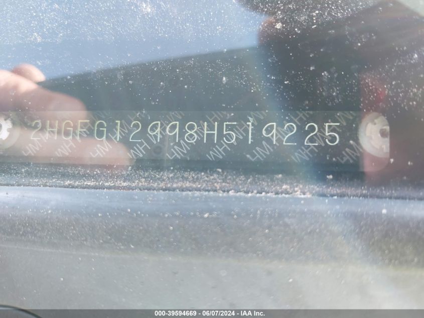 2008 Honda Civic Ex-L VIN: 2HGFG12998H519225 Lot: 39594669