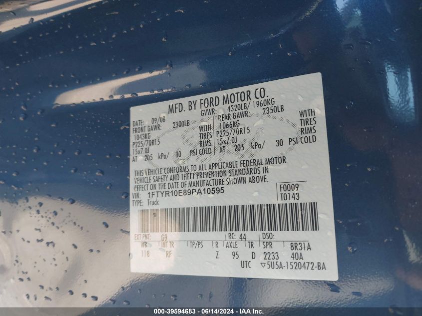2009 Ford Ranger Xlt VIN: 1FTYR10E89PA10595 Lot: 39594683