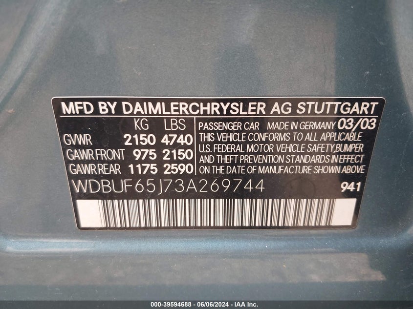 2003 Mercedes-Benz E 320 VIN: WDBUF65J73A269744 Lot: 39594688