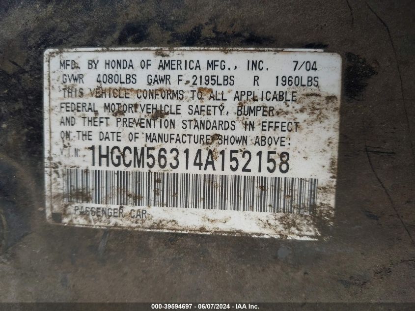 2004 Honda Accord 2.4 Lx VIN: 1HGCM56314A152158 Lot: 39594697